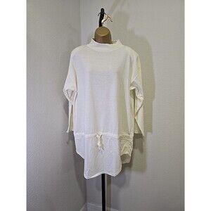 Vtg Mock Neck Ivory Tunic Womens M Drop Waist Drawstring Minimalist Cozy Gitano